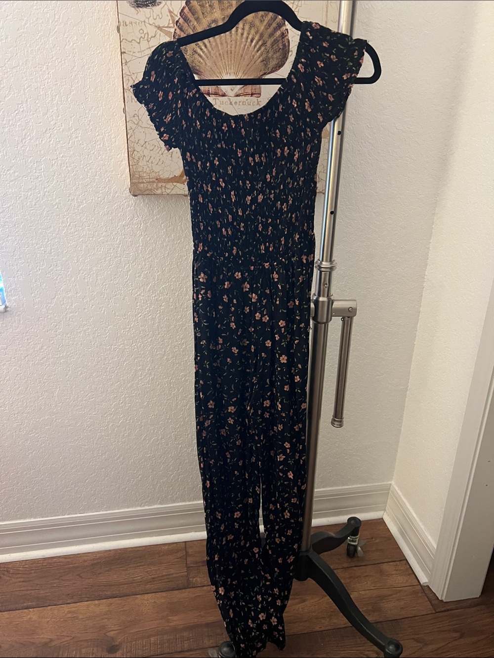 Tiare Hawaii Black Jumpsuit with Pink Floral Print